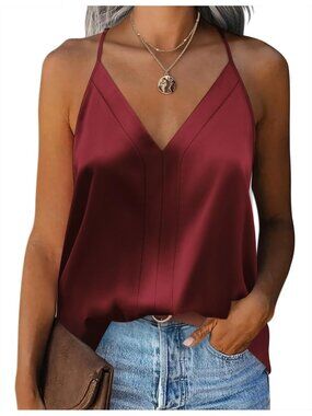 Women's Wine Red Sleeveless V Neck Silk Satin Causal Pull On Blouse Tank Tops